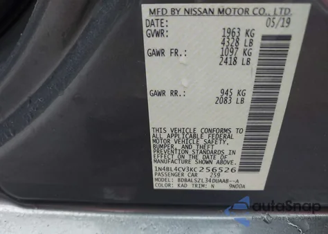 2019 Nissan Altima 2.5 Sr from USA, damaged, VIN 1N4BL4CV3KC256526